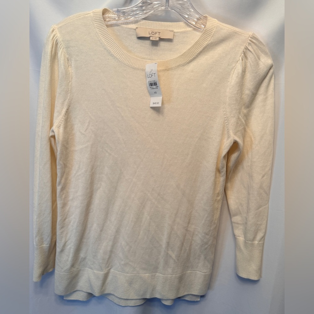 NWT Loft Size XS Lightweight Sweater Ivory Cream Cotton Viscose Silk Puff Shldr